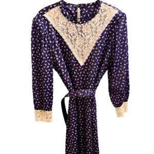 ASTOR Vintage Navy Blue Floral Dress Belted Lace Trim Collar Cuffs Long Sleeve M